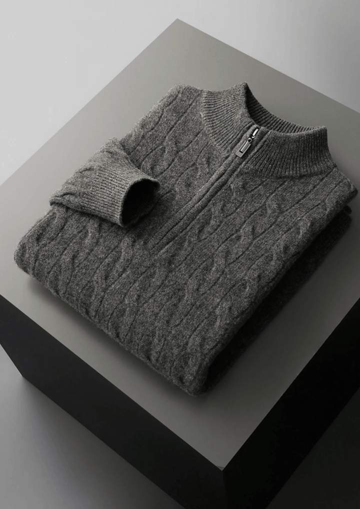 MERINO WOOL CABLE KNIT HALF ZIP