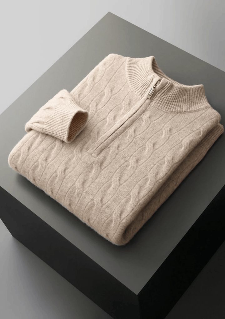 MERINO WOOL CABLE KNIT HALF ZIP