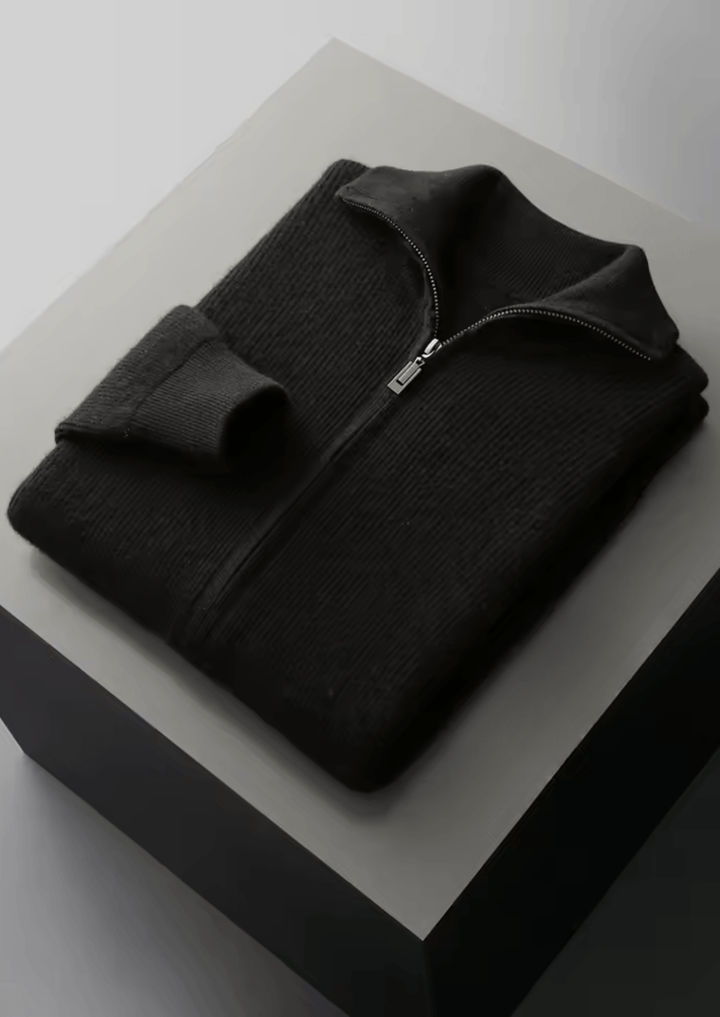 MERINO WOOL RIBBED ZIPPER CARDIGAN