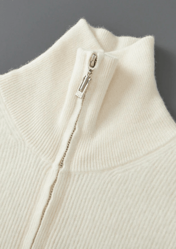 MERINO WOOL RIBBED ZIPPER CARDIGAN