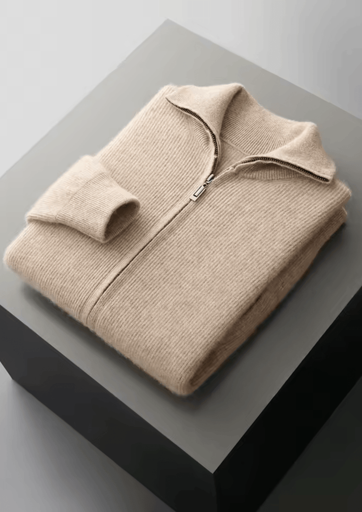 MERINO WOOL RIBBED ZIPPER CARDIGAN