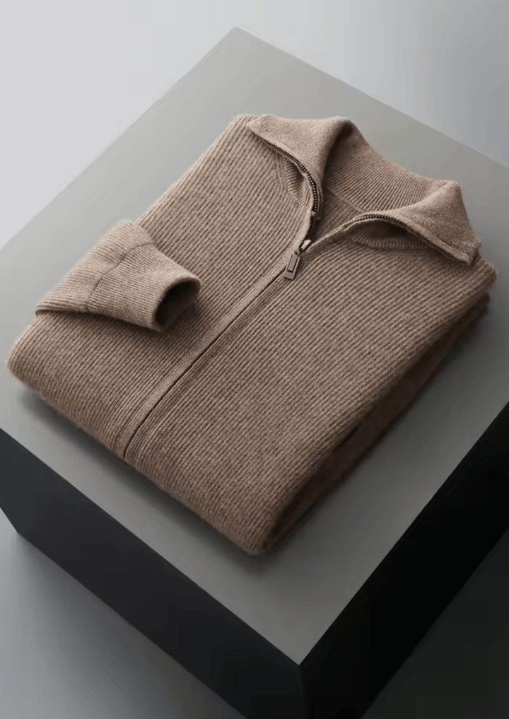 MERINO WOOL RIBBED ZIPPER CARDIGAN