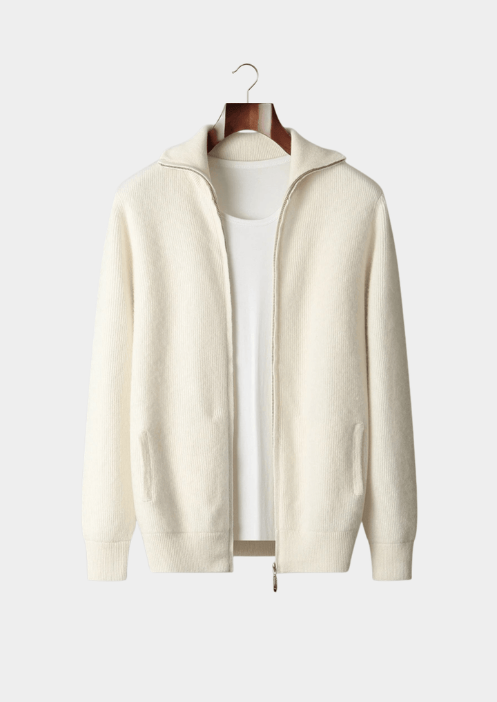 MERINO WOOL RIBBED ZIPPER CARDIGAN