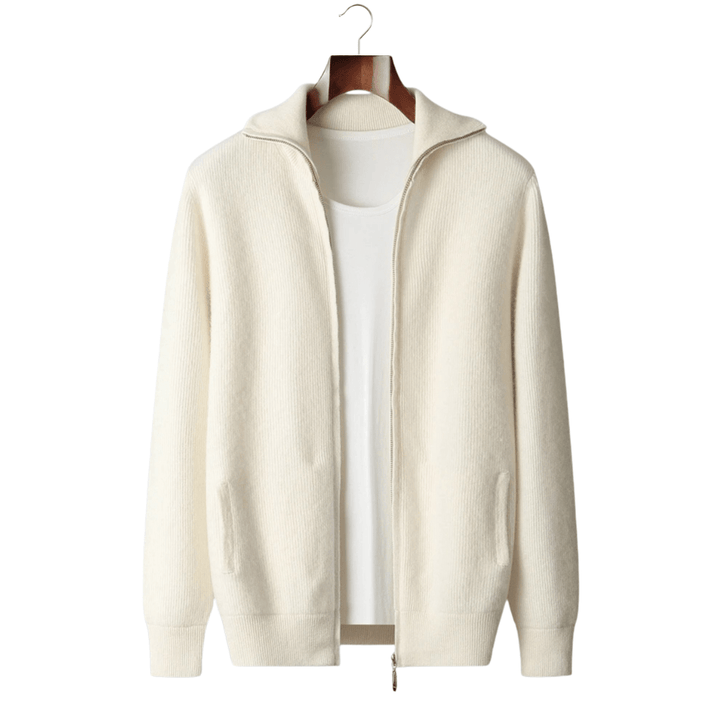 MERINO WOOL RIBBED ZIPPER CARDIGAN