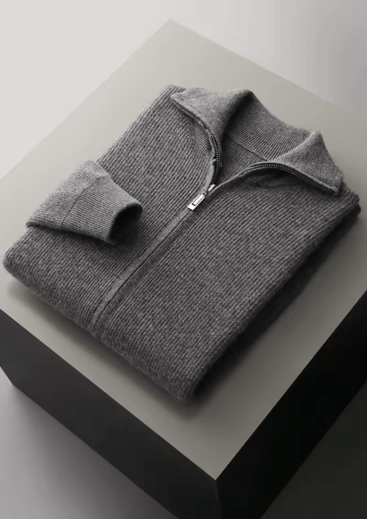 MERINO WOOL RIBBED ZIPPER CARDIGAN