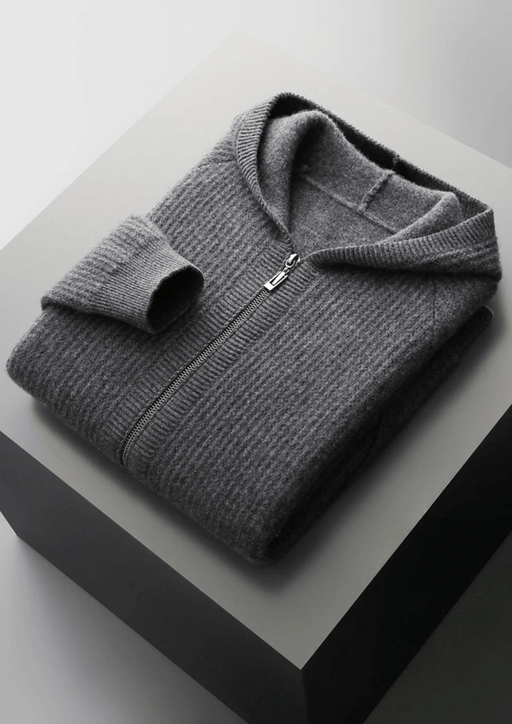 MERINO WOOL RIBBED ZIPPER HOODIE