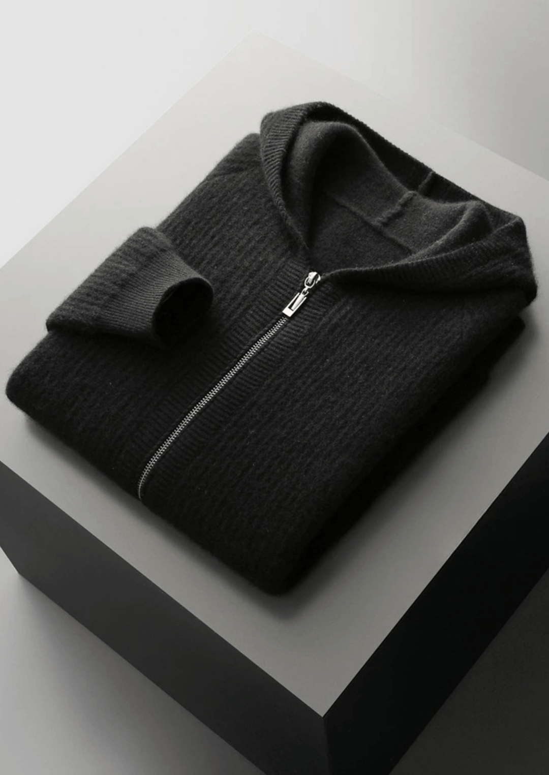 MERINO WOOL RIBBED ZIPPER HOODIE