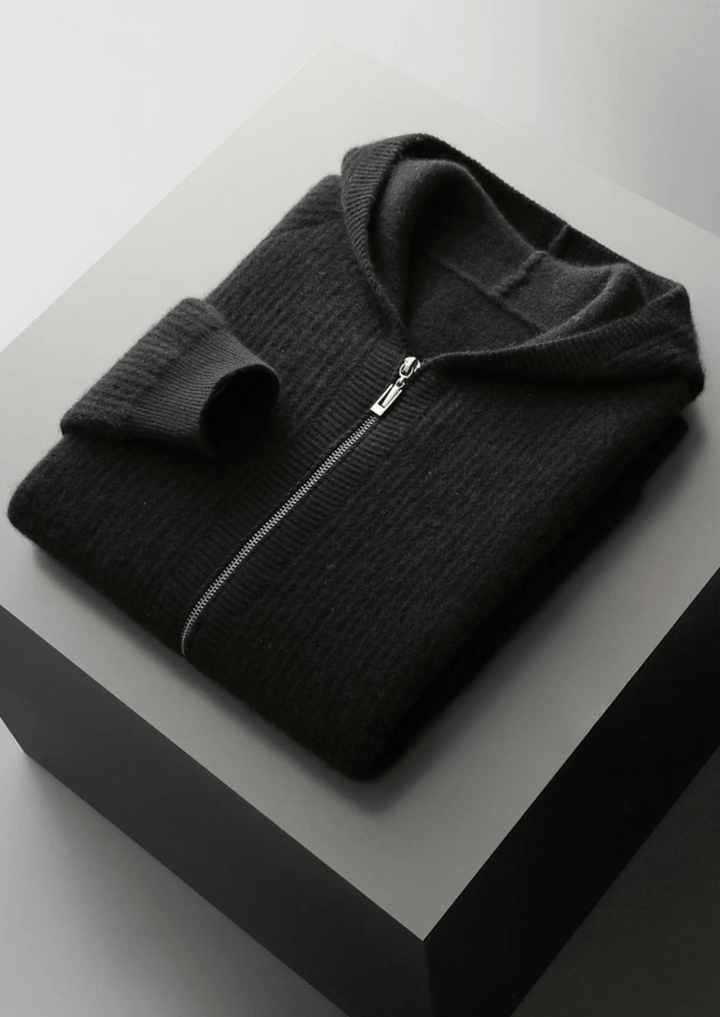 MERINO WOOL RIBBED ZIPPER HOODIE