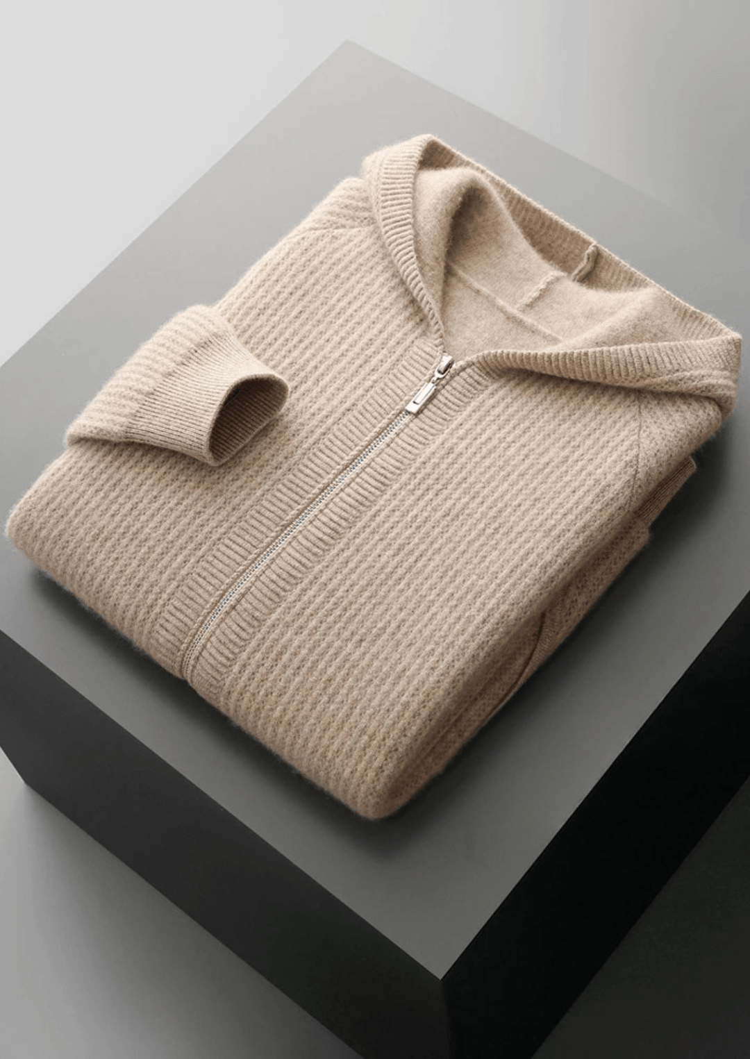 MERINO WOOL RIBBED ZIPPER HOODIE