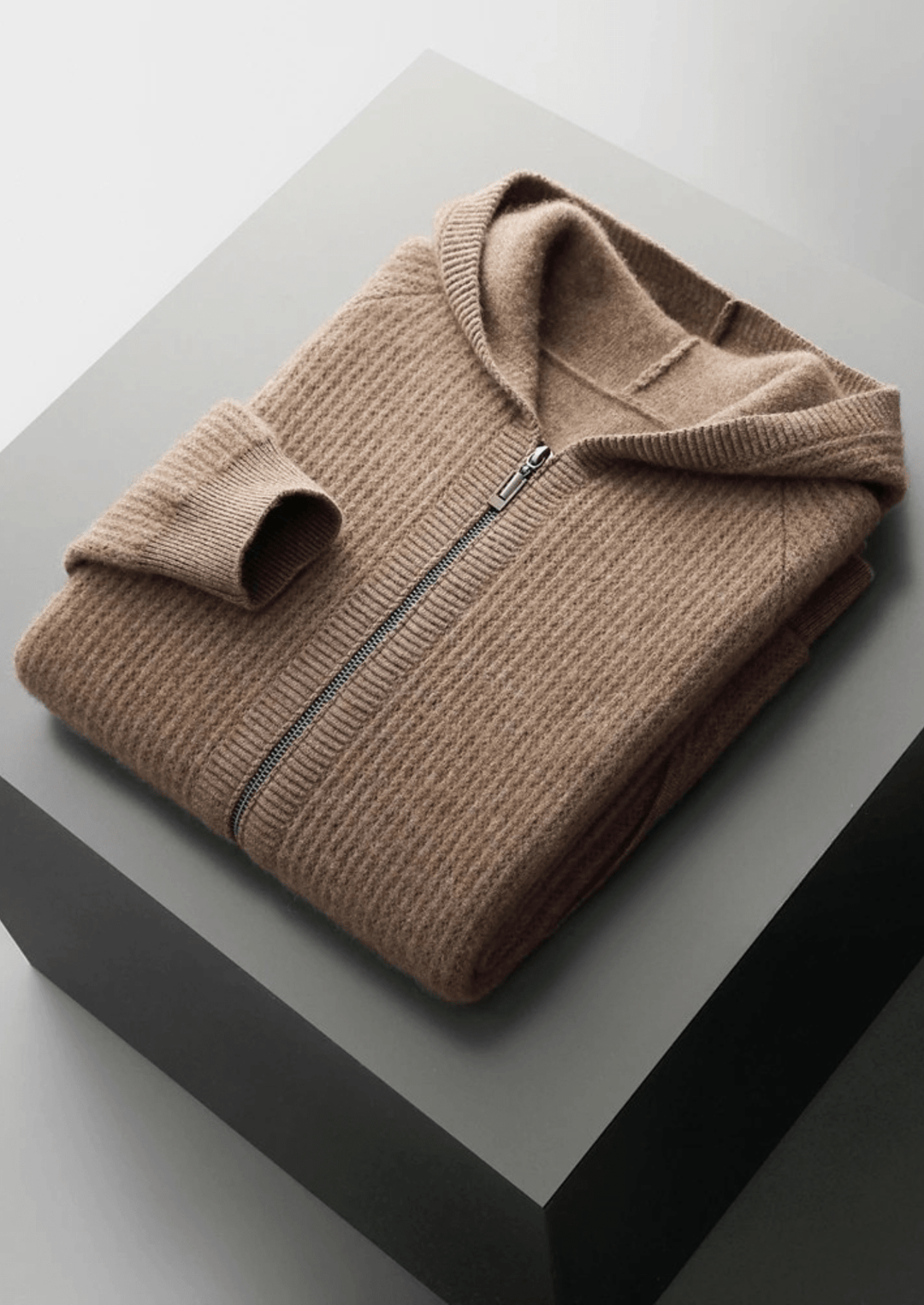 MERINO WOOL RIBBED ZIPPER HOODIE