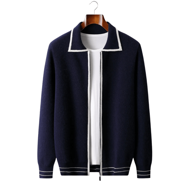 MERINO WOOL CONTRAST-EDGE POLO CARDIGAN