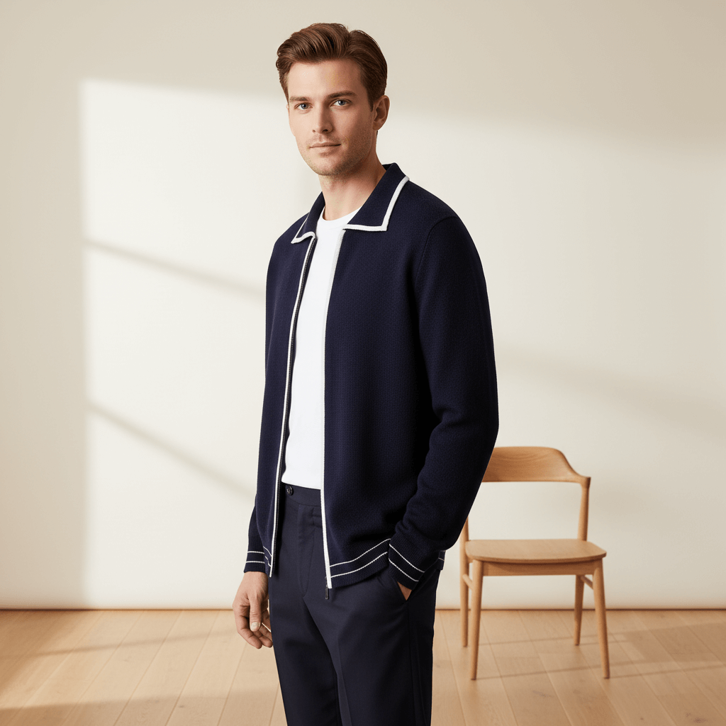 MERINO WOOL CONTRAST-EDGE POLO CARDIGAN